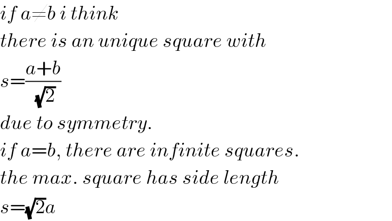 if a≠b i think  there is an unique square with  s=((a+b)/(√2))  due to symmetry.  if a=b, there are infinite squares.  the max. square has side length  s=(√2)a  