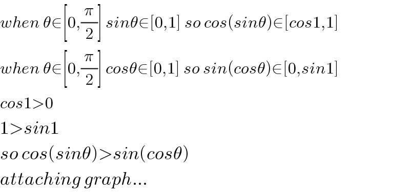 when θ∈[0,(π/2)] sinθ∈[0,1] so cos(sinθ)∈[cos1,1]  when θ∈[0,(π/2)] cosθ∈[0,1] so sin(cosθ)∈[0,sin1]  cos1>0  1>sin1  so cos(sinθ)>sin(cosθ)  attaching graph...  