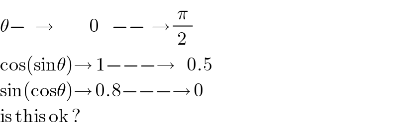 θ−   →            0    −−  → (π/2)  cos(sinθ)→ 1−−−→    0.5  sin(cosθ)→ 0.8−−−→ 0  is this ok ?  