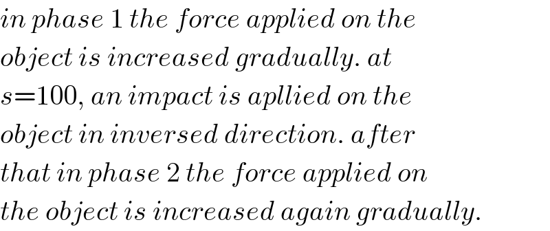 in phase 1 the force applied on the  object is increased gradually. at  s=100, an impact is apllied on the  object in inversed direction. after  that in phase 2 the force applied on  the object is increased again gradually.  