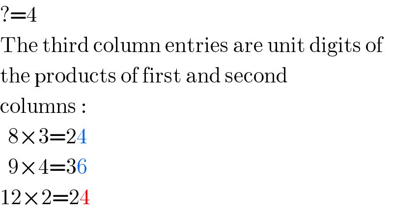 ?=4  The third column entries are unit digits of  the products of first and second   columns :    8×3=24            9×4=36  12×2=24  