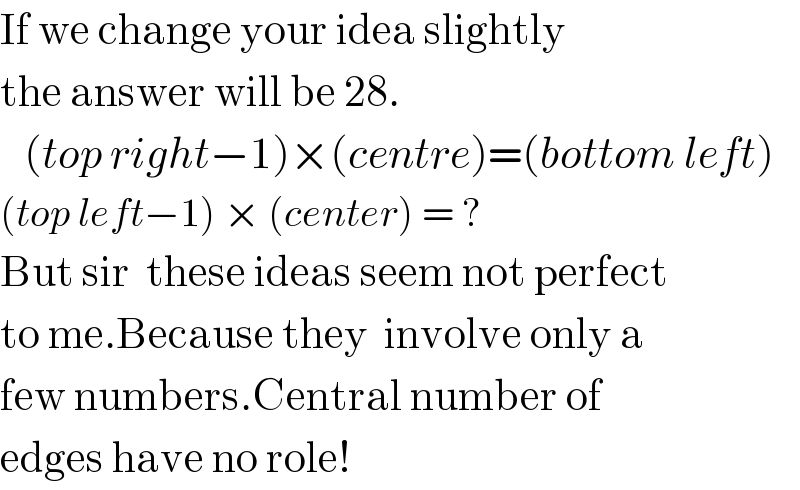 If we change your idea slightly  the answer will be 28.     (top right−1)×(centre)=(bottom left)  (top left−1) × (center) = ?  But sir  these ideas seem not perfect   to me.Because they  involve only a  few numbers.Central number of  edges have no role!   