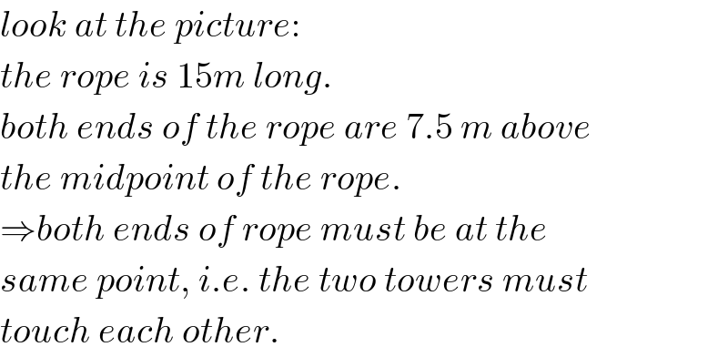 look at the picture:  the rope is 15m long.  both ends of the rope are 7.5 m above  the midpoint of the rope.  ⇒both ends of rope must be at the  same point, i.e. the two towers must  touch each other.  