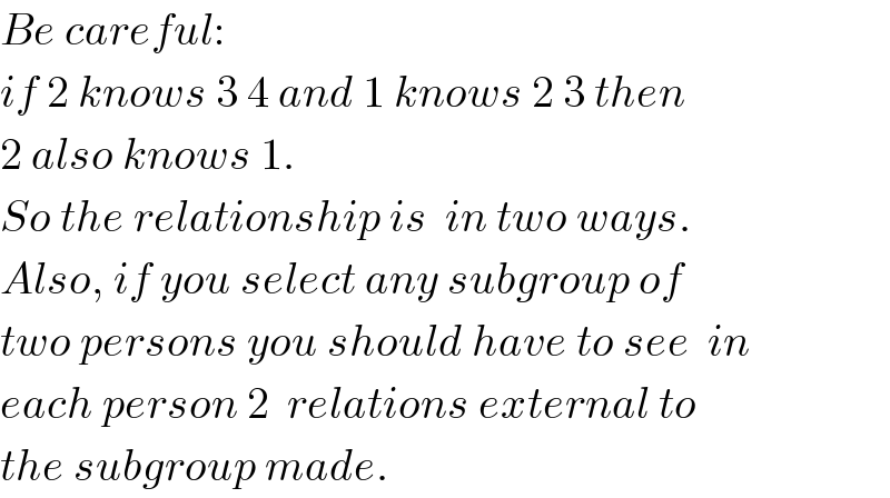 Be careful:  if 2 knows 3 4 and 1 knows 2 3 then  2 also knows 1.   So the relationship is  in two ways.  Also, if you select any subgroup of  two persons you should have to see  in  each person 2  relations external to  the subgroup made.  