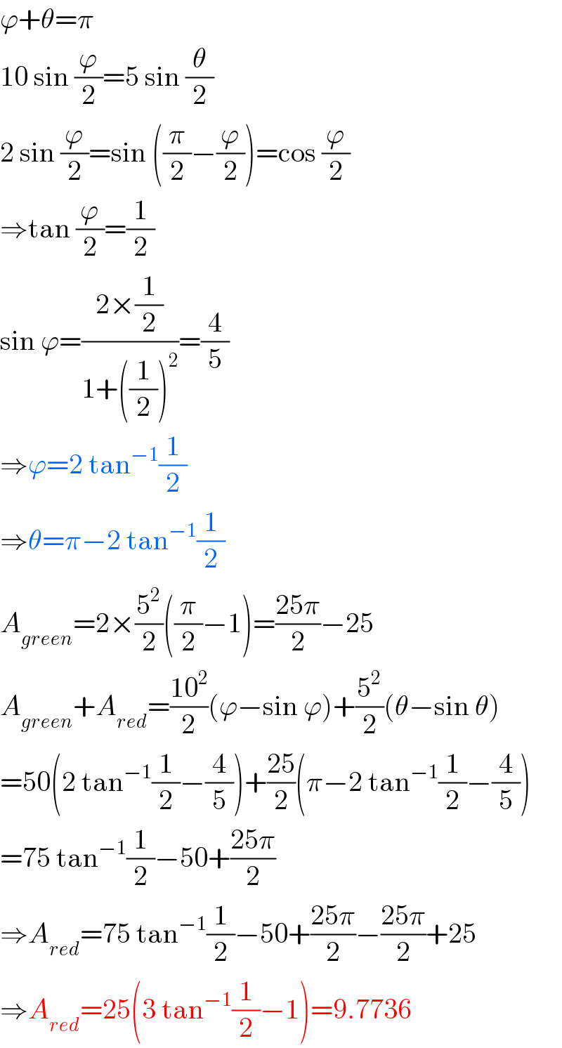 ϕ+θ=π  10 sin (ϕ/2)=5 sin (θ/2)  2 sin (ϕ/2)=sin ((π/2)−(ϕ/2))=cos (ϕ/2)  ⇒tan (ϕ/2)=(1/2)  sin ϕ=((2×(1/2))/(1+((1/2))^2 ))=(4/5)  ⇒ϕ=2 tan^(−1) (1/2)  ⇒θ=π−2 tan^(−1) (1/2)  A_(green) =2×(5^2 /2)((π/2)−1)=((25π)/2)−25  A_(green) +A_(red) =((10^2 )/2)(ϕ−sin ϕ)+(5^2 /2)(θ−sin θ)  =50(2 tan^(−1) (1/2)−(4/5))+((25)/2)(π−2 tan^(−1) (1/2)−(4/5))  =75 tan^(−1) (1/2)−50+((25π)/2)  ⇒A_(red) =75 tan^(−1) (1/2)−50+((25π)/2)−((25π)/2)+25  ⇒A_(red) =25(3 tan^(−1) (1/2)−1)=9.7736  