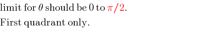 limit for θ should be 0 to π/2.  First quadrant only.  