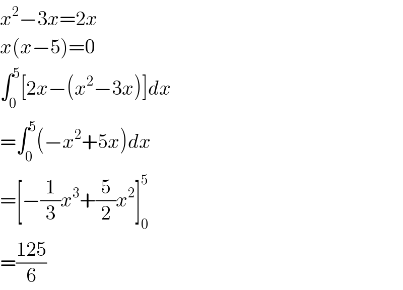 x^2 −3x=2x  x(x−5)=0  ∫_0 ^5 [2x−(x^2 −3x)]dx  =∫_0 ^5 (−x^2 +5x)dx  =[−(1/3)x^3 +(5/2)x^2 ]_0 ^5   =((125)/6)  