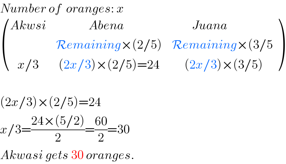 Number of  oranges: x   (((Akwsi),(             Abena),(        Juana)),(,(Remaining×(2/5)),(Remaining×(3/5)),((   x/3),( (2x/3)×(2/5)=24),(     (2x/3)×(3/5))) )     (2x/3)×(2/5)=24  x/3=((24×(5/2))/2)=((60)/2)=30  Akwasi gets 30 oranges.  