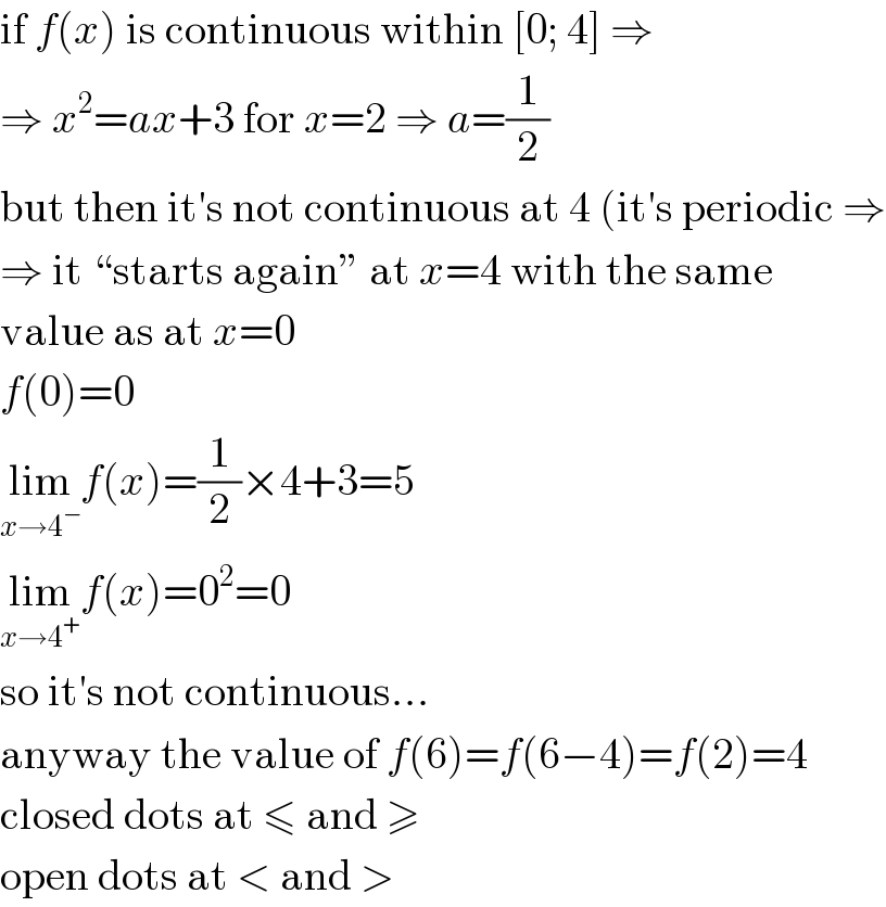 if f(x) is continuous within [0; 4] ⇒  ⇒ x^2 =ax+3 for x=2 ⇒ a=(1/2)  but then it′s not continuous at 4 (it′s periodic ⇒  ⇒ it ♮starts againε at x=4 with the same  value as at x=0  f(0)=0  lim_(x→4^− ) f(x)=(1/2)×4+3=5  lim_(x→4^+ ) f(x)=0^2 =0  so it′s not continuous...  anyway the value of f(6)=f(6−4)=f(2)=4  closed dots at ≤ and ≥  open dots at < and >  