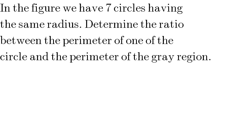 In the figure we have 7 circles having  the same radius. Determine the ratio  between the perimeter of one of the  circle and the perimeter of the gray region.  