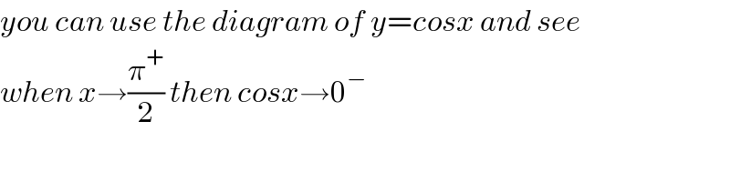 you can use the diagram of y=cosx and see  when x→(π^+ /2) then cosx→0^−        