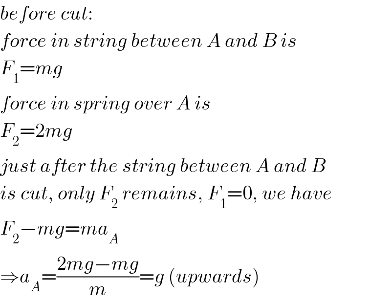 before cut:  force in string between A and B is  F_1 =mg  force in spring over A is  F_2 =2mg  just after the string between A and B  is cut, only F_2  remains, F_1 =0, we have  F_2 −mg=ma_A   ⇒a_A =((2mg−mg)/m)=g (upwards)  