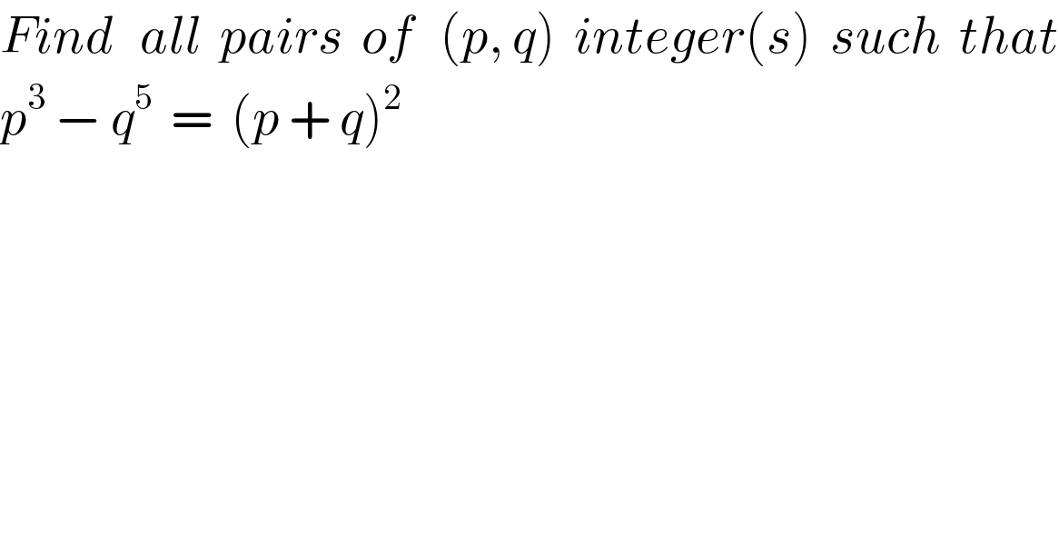 Find   all  pairs  of   (p, q)  integer(s)  such  that  p^3  − q^5   =  (p + q)^2   