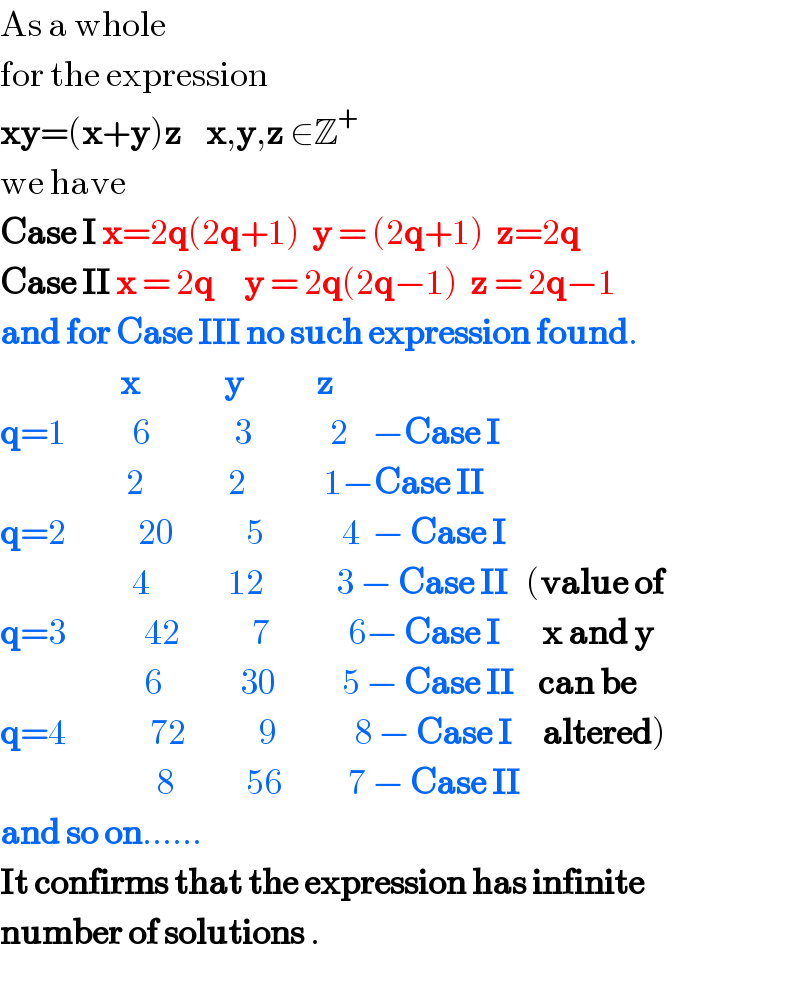 As a whole  for the expression   xy=(x+y)z    x,y,z ∈Z^+   we have  Case I x=2q(2q+1)  y = (2q+1)  z=2q  Case II x = 2q     y = 2q(2q−1)  z = 2q−1  and for Case III no such expression found.                      x              y            z  q=1           6              3             2    −Case I                       2              2             1−Case II  q=2            20            5             4  − Case I                        4             12            3 − Case II   (value of  q=3             42            7             6− Case I       x and y                           6             30           5 − Case II    can be   q=4              72            9             8 − Case I     altered)                            8            56           7 − Case II  and so on......  It confirms that the expression has infinite  number of solutions .  