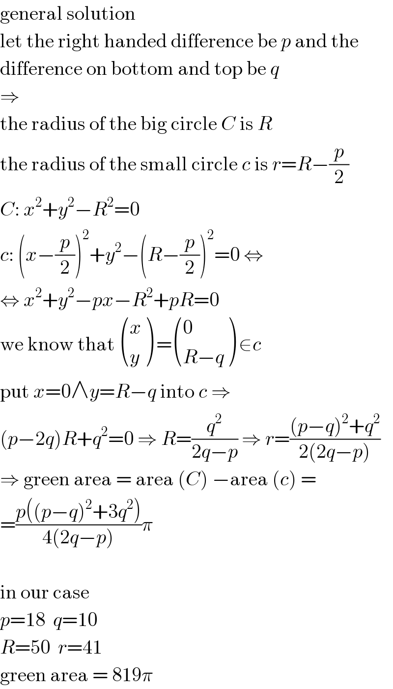 general solution  let the right handed difference be p and the  difference on bottom and top be q  ⇒  the radius of the big circle C is R  the radius of the small circle c is r=R−(p/2)  C: x^2 +y^2 −R^2 =0  c: (x−(p/2))^2 +y^2 −(R−(p/2))^2 =0 ⇔  ⇔ x^2 +y^2 −px−R^2 +pR=0  we know that  ((x),(y) ) = ((0),((R−q)) ) ∈c  put x=0∧y=R−q into c ⇒  (p−2q)R+q^2 =0 ⇒ R=(q^2 /(2q−p)) ⇒ r=(((p−q)^2 +q^2 )/(2(2q−p)))  ⇒ green area = area (C) −area (c) =  =((p((p−q)^2 +3q^2 ))/(4(2q−p)))π    in our case  p=18  q=10  R=50  r=41  green area = 819π  