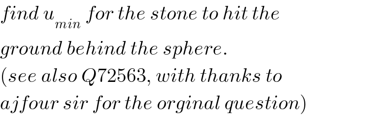 find u_(min)  for the stone to hit the  ground behind the sphere.  (see also Q72563, with thanks to   ajfour sir for the orginal question)  
