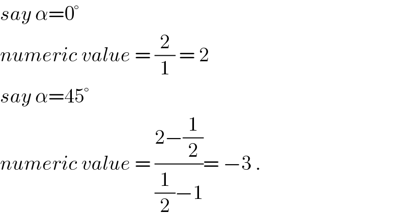 say α=0°  numeric value = (2/1) = 2   say α=45°  numeric value = ((2−(1/2))/((1/2)−1))= −3 .  