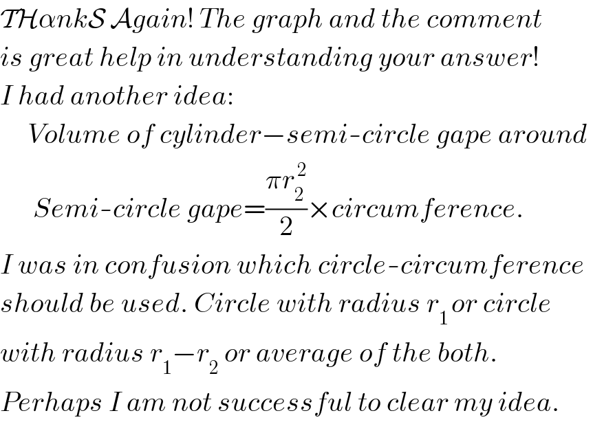 THαnkS Again! The graph and the comment  is great help in understanding your answer!  I had another idea:       Volume of cylinder−semi-circle gape around         Semi-circle gape=((πr_2 ^( 2) )/2)×circumference.  I was in confusion which circle-circumference  should be used. Circle with radius r_(1 ) or circle  with radius r_1 −r_2  or average of the both.  Perhaps I am not successful to clear my idea.  