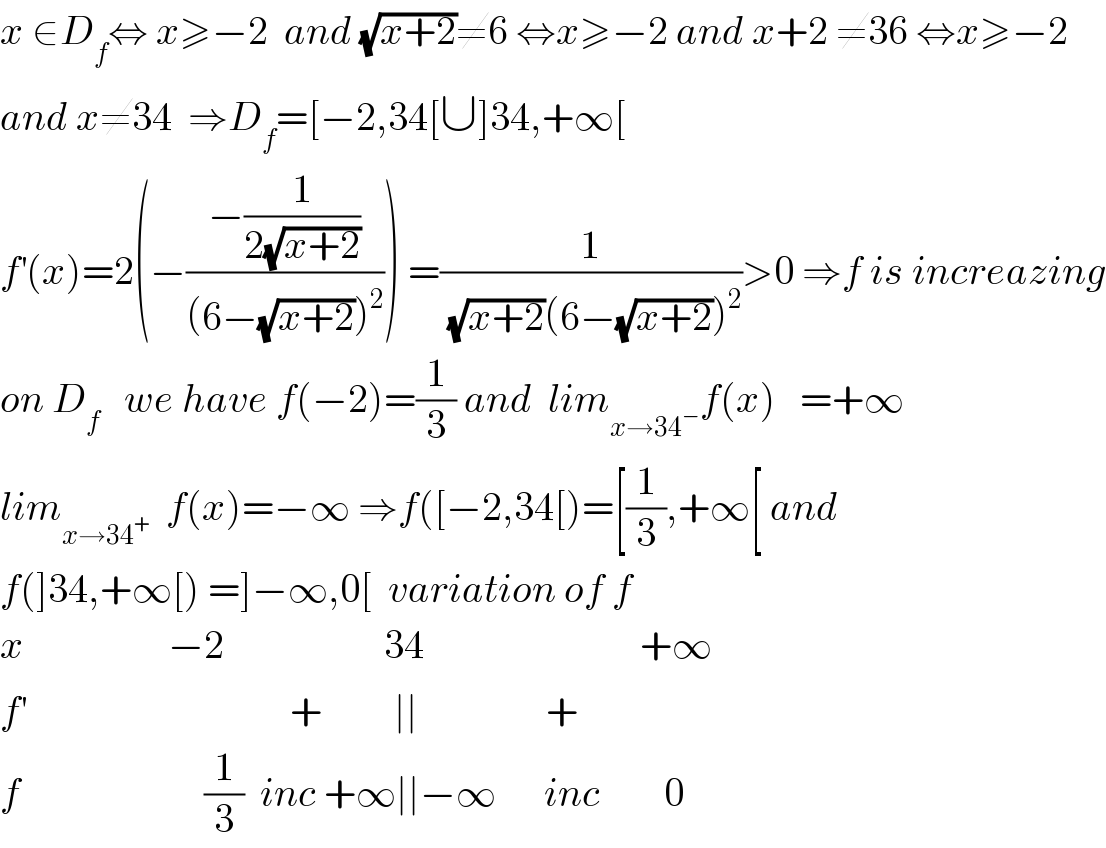 x ∈D_f ⇔ x≥−2  and (√(x+2))≠6 ⇔x≥−2 and x+2 ≠36 ⇔x≥−2  and x≠34  ⇒D_f =[−2,34[∪]34,+∞[  f^′ (x)=2(−((−(1/(2(√(x+2)))))/((6−(√(x+2)))^2 ))) =(1/((√(x+2))(6−(√(x+2)))^2 ))>0 ⇒f is increazing  on D_(f  )   we have f(−2)=(1/3) and  lim_(x→34^− ) f(x)   =+∞  lim_(x→34^+ )   f(x)=−∞ ⇒f([−2,34[)=[(1/3),+∞[ and  f(]34,+∞[) =]−∞,0[  variation of f  x                  −2                    34                           +∞  f^′                                  +         ∣∣                +  f                       (1/3)  inc +∞∣∣−∞      inc        0  