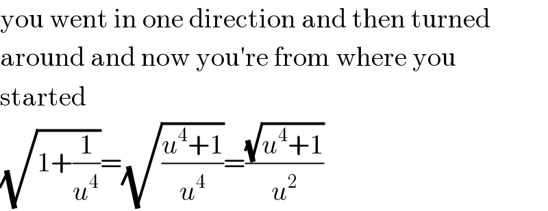 you went in one direction and then turned  around and now you′re from where you  started  (√(1+(1/u^4 )))=(√((u^4 +1)/u^4 ))=((√(u^4 +1))/u^2 )  