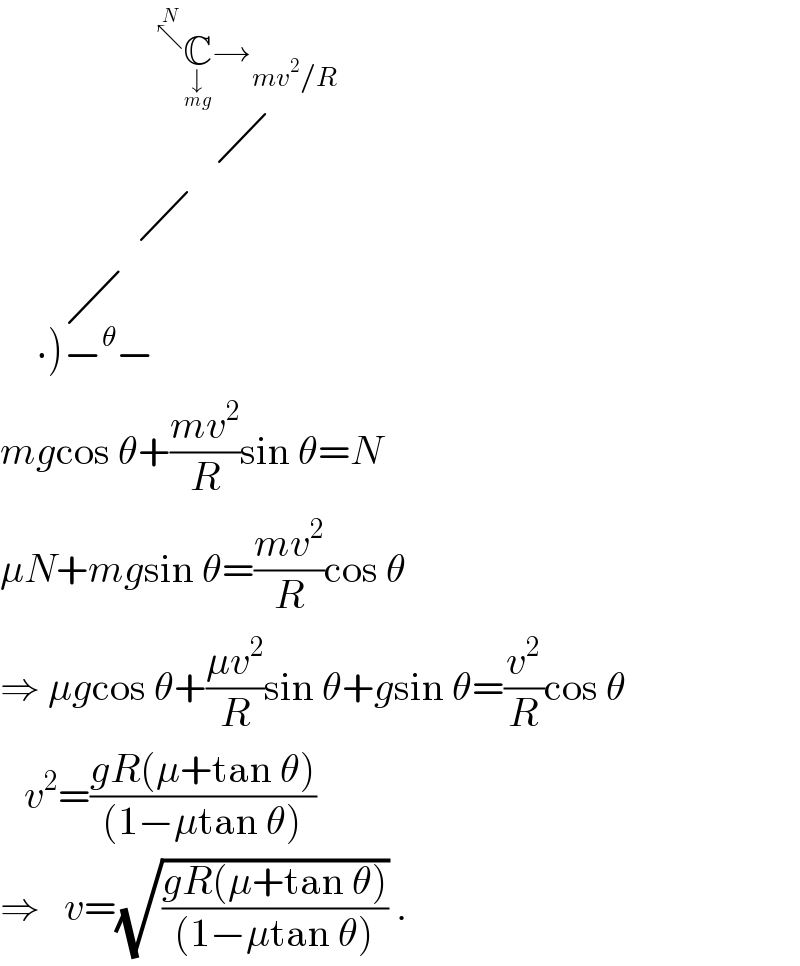                ╱^(^↖^N  C_↓_(mg)  →_(mv^2 /R) )                 ╱     ╱_(∙)−^θ −)   mgcos θ+((mv^2 )/R)sin θ=N  μN+mgsin θ=((mv^2 )/R)cos θ  ⇒ μgcos θ+((μv^2 )/R)sin θ+gsin θ=(v^2 /R)cos θ     v^2 =((gR(μ+tan θ))/((1−μtan θ)))  ⇒   v=(√((gR(μ+tan θ))/((1−μtan θ)))) .  