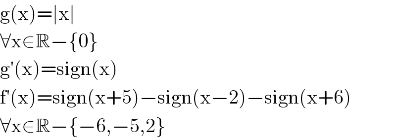 g(x)=∣x∣  ∀x∈R−{0}  g′(x)=sign(x)  f′(x)=sign(x+5)−sign(x−2)−sign(x+6)  ∀x∈R−{−6,−5,2}  