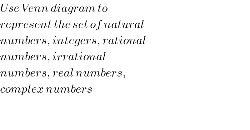 Use Venn diagram to  represent the set of natural  numbers, integers, rational  numbers, irrational  numbers, real numbers,  complex numbers  