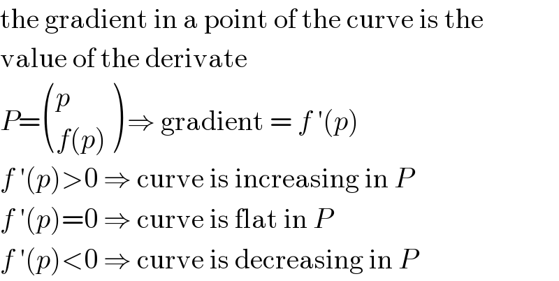 the gradient in a point of the curve is the  value of the derivate  P= ((p),((f(p))) ) ⇒ gradient = f ′(p)  f ′(p)>0 ⇒ curve is increasing in P  f ′(p)=0 ⇒ curve is flat in P  f ′(p)<0 ⇒ curve is decreasing in P  