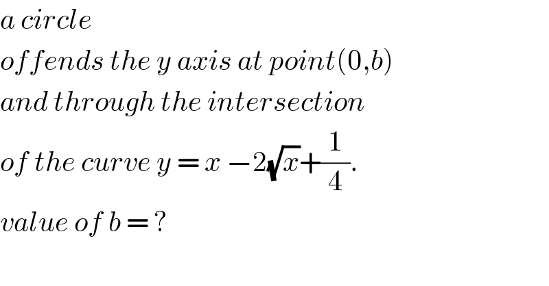 a circle   offends the y axis at point(0,b)   and through the intersection  of the curve y = x −2(√x)+(1/4).   value of b = ?  