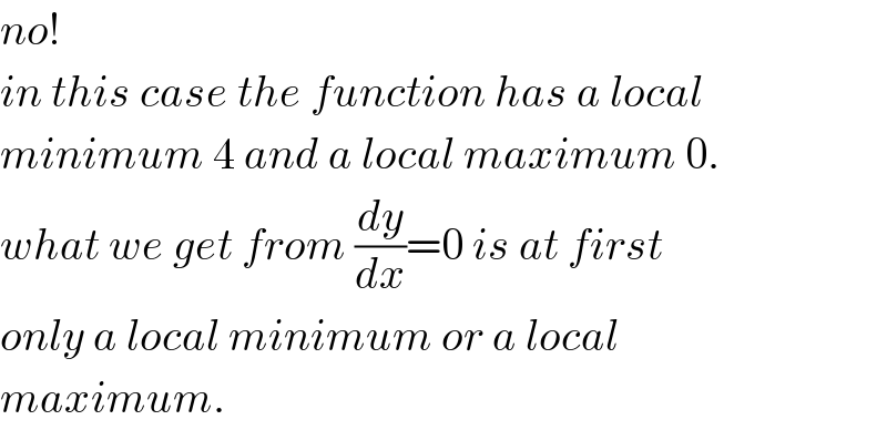 no!   in this case the function has a local  minimum 4 and a local maximum 0.  what we get from (dy/dx)=0 is at first   only a local minimum or a local  maximum.  