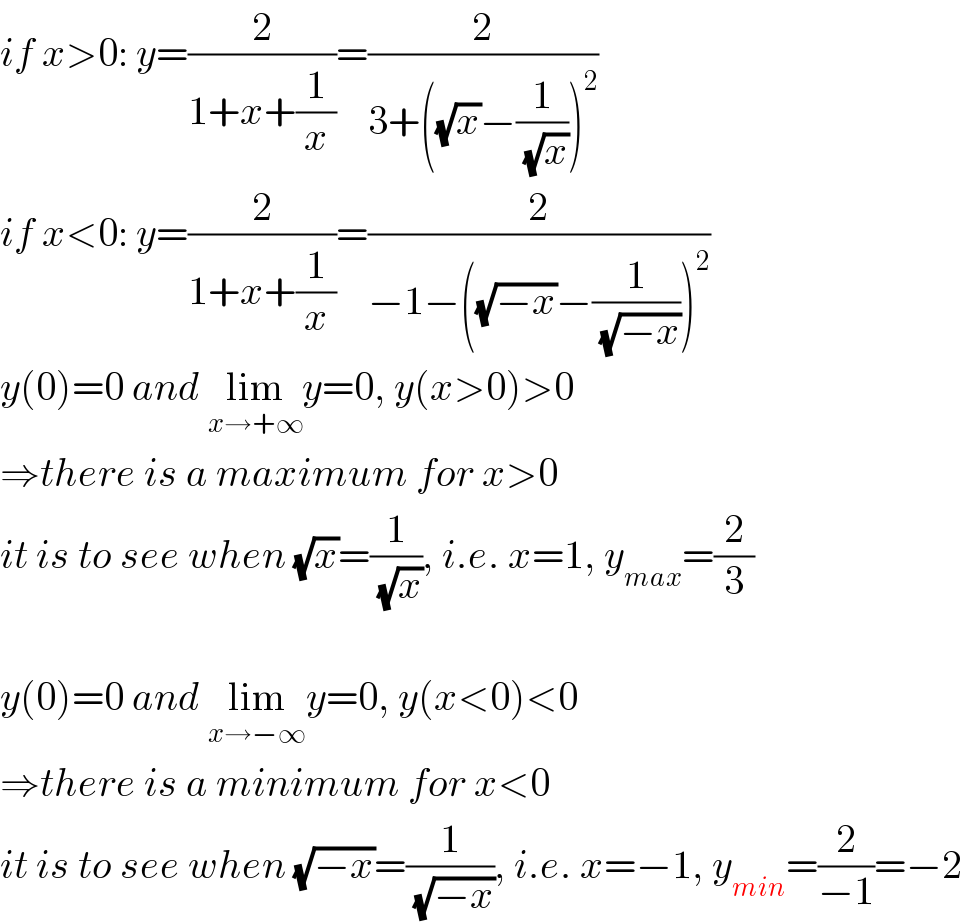 if x>0: y=(2/(1+x+(1/x)))=(2/(3+((√x)−(1/(√x)))^2 ))  if x<0: y=(2/(1+x+(1/x)))=(2/(−1−((√(−x))−(1/(√(−x))))^2 ))  y(0)=0 and lim_(x→+∞) y=0, y(x>0)>0  ⇒there is a maximum for x>0  it is to see when (√x)=(1/(√x)), i.e. x=1, y_(max) =(2/3)    y(0)=0 and lim_(x→−∞) y=0, y(x<0)<0  ⇒there is a minimum for x<0  it is to see when (√(−x))=(1/(√(−x))), i.e. x=−1, y_(min) =(2/(−1))=−2  