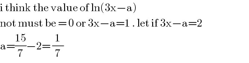 i think the value of ln(3x−a)   not must be = 0 or 3x−a=1 . let if 3x−a=2  a=((15)/7)−2= (1/7)  