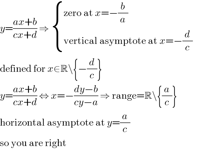 y=((ax+b)/(cx+d)) ⇒  { ((zero at x=−(b/a))),((vertical asymptote at x=−(d/c) )) :}  defined for x∈R\{−(d/c)}  y=((ax+b)/(cx+d)) ⇔ x=−((dy−b)/(cy−a)) ⇒ range=R\{(a/c)}  horizontal asymptote at y=(a/c)  so you are right  