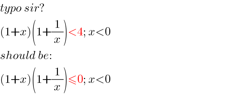 typo sir?  (1+x)(1+(1/x))<4; x<0  should be:  (1+x)(1+(1/x))≤0; x<0  