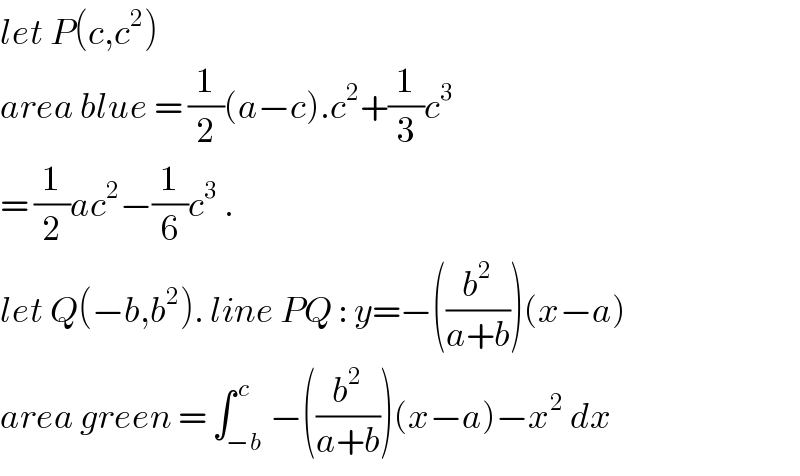 let P(c,c^2 )  area blue = (1/2)(a−c).c^2 +(1/3)c^3   = (1/2)ac^2 −(1/6)c^3  .  let Q(−b,b^2 ). line PQ : y=−((b^2 /(a+b)))(x−a)  area green = ∫_(−b) ^( c) −((b^2 /(a+b)))(x−a)−x^2  dx  