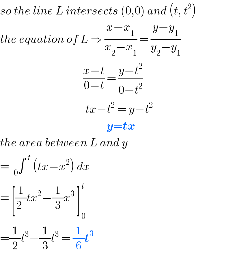 so the line L intersects (0,0) and (t, t^2 )  the equation of L ⇒ ((x−x_1 )/(x_2 −x_1 )) = ((y−y_1 )/(y_2 −y_1 ))                                      ((x−t)/(0−t)) = ((y−t^2 )/(0−t^2 ))                                       tx−t^2  = y−t^2                                                 y=tx  the area between L and y  =  _0 ∫^(  t)  (tx−x^2 ) dx  = [(1/2_ )tx^2 −(1/3)x^3  ]_( 0) ^( t)   =(1/2)t^3 −(1/3)t^3  = (1/6)t^3   