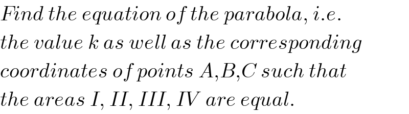 Find the equation of the parabola, i.e.  the value k as well as the corresponding  coordinates of points A,B,C such that  the areas I, II, III, IV  are equal.  