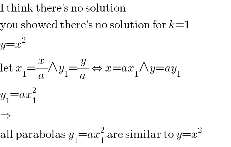 I think there′s no solution  you showed there′s no solution for k=1  y=x^2   let x_1 =(x/a)∧y_1 =(y/a) ⇔ x=ax_1 ∧y=ay_1   y_1 =ax_1 ^2   ⇒  all parabolas y_1 =ax_1 ^2  are similar to y=x^2   