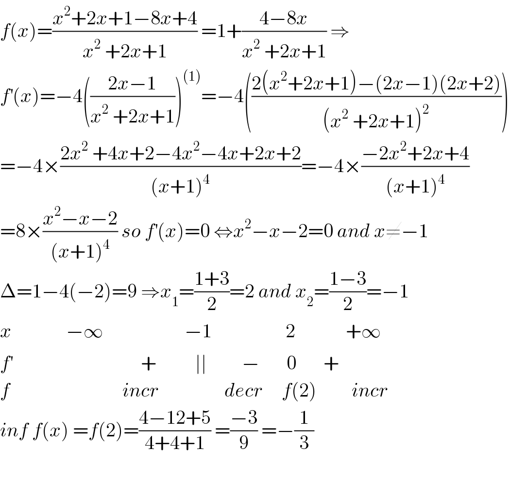 f(x)=((x^2 +2x+1−8x+4)/(x^2  +2x+1)) =1+((4−8x)/(x^2  +2x+1)) ⇒  f^′ (x)=−4(((2x−1)/(x^2  +2x+1)))^((1)) =−4(((2(x^2 +2x+1)−(2x−1)(2x+2))/((x^2  +2x+1)^2 )))  =−4×((2x^2  +4x+2−4x^2 −4x+2x+2)/((x+1)^4 ))=−4×((−2x^2 +2x+4)/((x+1)^4 ))  =8×((x^2 −x−2)/((x+1)^4 )) so f^′ (x)=0 ⇔x^2 −x−2=0 and x≠−1  Δ=1−4(−2)=9 ⇒x_1 =((1+3)/2)=2 and x_2 =((1−3)/2)=−1  x              −∞                     −1                   2             +∞  f^′                                  +          ∣∣         −       0       +  f                             incr                 decr     f(2)         incr  inf f(x) =f(2)=((4−12+5)/(4+4+1)) =((−3)/9) =−(1/3)    