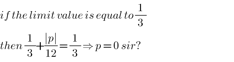 if the limit value is equal to (1/3)  then (1/3)+((∣p∣)/(12)) = (1/3) ⇒ p = 0 sir?  