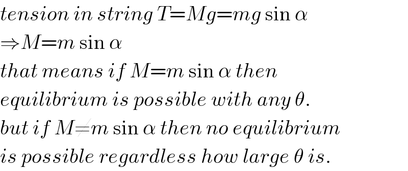 tension in string T=Mg=mg sin α  ⇒M=m sin α  that means if M=m sin α then   equilibrium is possible with any θ.  but if M≠m sin α then no equilibrium  is possible regardless how large θ is.  