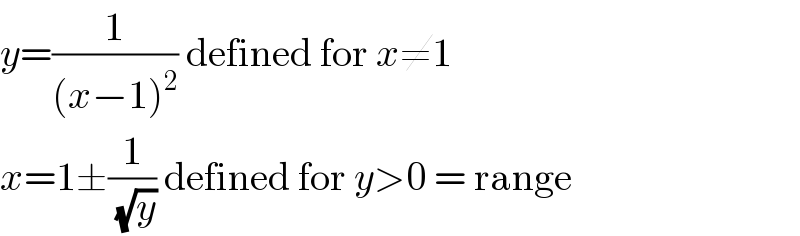 y=(1/((x−1)^2 )) defined for x≠1  x=1±(1/(√y)) defined for y>0 = range  