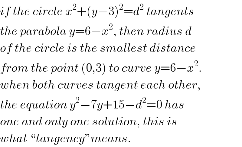if the circle x^2 +(y−3)^2 =d^2  tangents  the parabola y=6−x^2 , then radius d  of the circle is the smallest distance  from the point (0,3) to curve y=6−x^2 .  when both curves tangent each other,  the equation y^2 −7y+15−d^2 =0 has  one and only one solution, this is  what “tangency”means.  