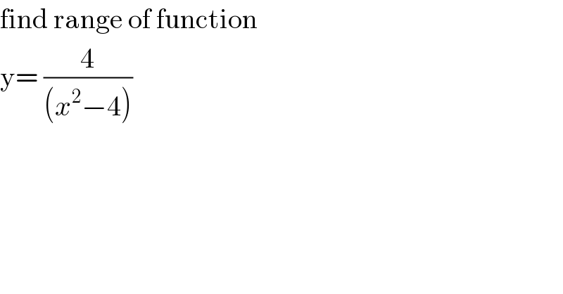 find range of function   y= (4/((x^2 −4)))  