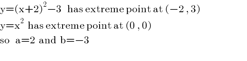 y=(x+2)^2 −3   has extreme point at (−2 , 3)  y=x^2   has extreme point at (0 , 0)  so   a=2  and  b=−3  