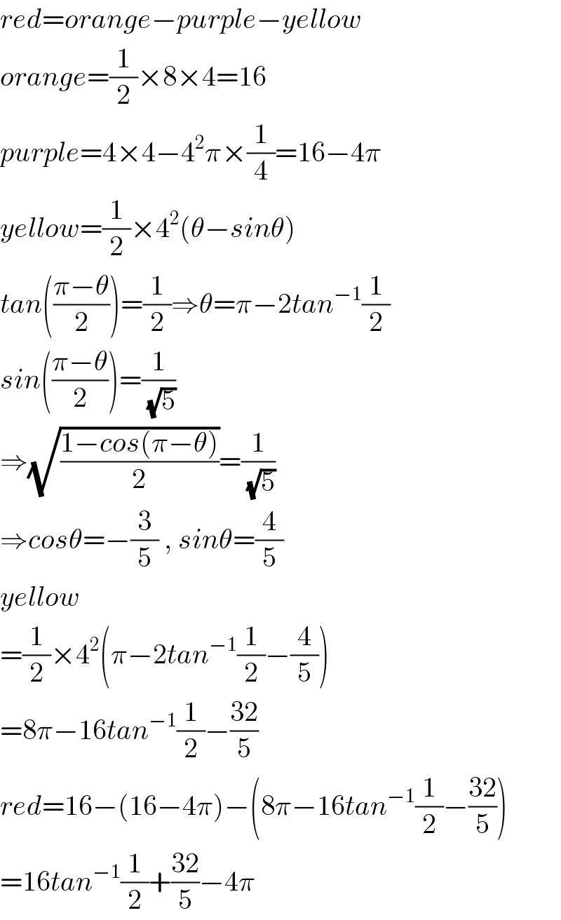 red=orange−purple−yellow  orange=(1/2)×8×4=16  purple=4×4−4^2 π×(1/4)=16−4π  yellow=(1/2)×4^2 (θ−sinθ)  tan(((π−θ)/2))=(1/2)⇒θ=π−2tan^(−1) (1/2)  sin(((π−θ)/2))=(1/(√5))  ⇒(√((1−cos(π−θ))/2))=(1/(√5))  ⇒cosθ=−(3/5) , sinθ=(4/5)  yellow  =(1/2)×4^2 (π−2tan^(−1) (1/2)−(4/5))  =8π−16tan^(−1) (1/2)−((32)/5)  red=16−(16−4π)−(8π−16tan^(−1) (1/2)−((32)/5))  =16tan^(−1) (1/2)+((32)/5)−4π  