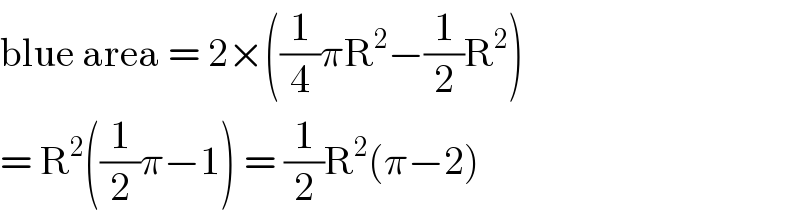 blue area = 2×((1/4)πR^2 −(1/2)R^2 )  = R^2 ((1/2)π−1) = (1/2)R^2 (π−2)  