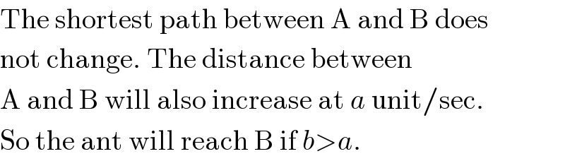 The shortest path between A and B does  not change. The distance between  A and B will also increase at a unit/sec.  So the ant will reach B if b>a.  