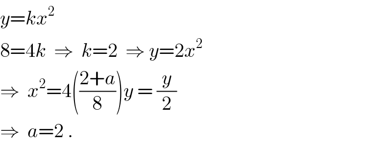 y=kx^2   8=4k  ⇒  k=2  ⇒ y=2x^2   ⇒  x^2 =4(((2+a)/8))y = (y/2)  ⇒  a=2 .  