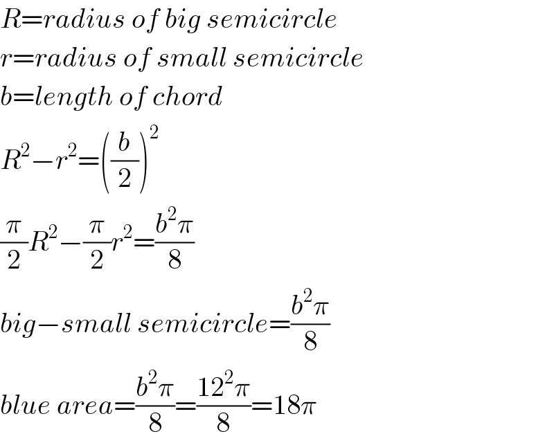R=radius of big semicircle  r=radius of small semicircle  b=length of chord  R^2 −r^2 =((b/2))^2   (π/2)R^2 −(π/2)r^2 =((b^2 π)/8)  big−small semicircle=((b^2 π)/8)  blue area=((b^2 π)/8)=((12^2 π)/8)=18π  